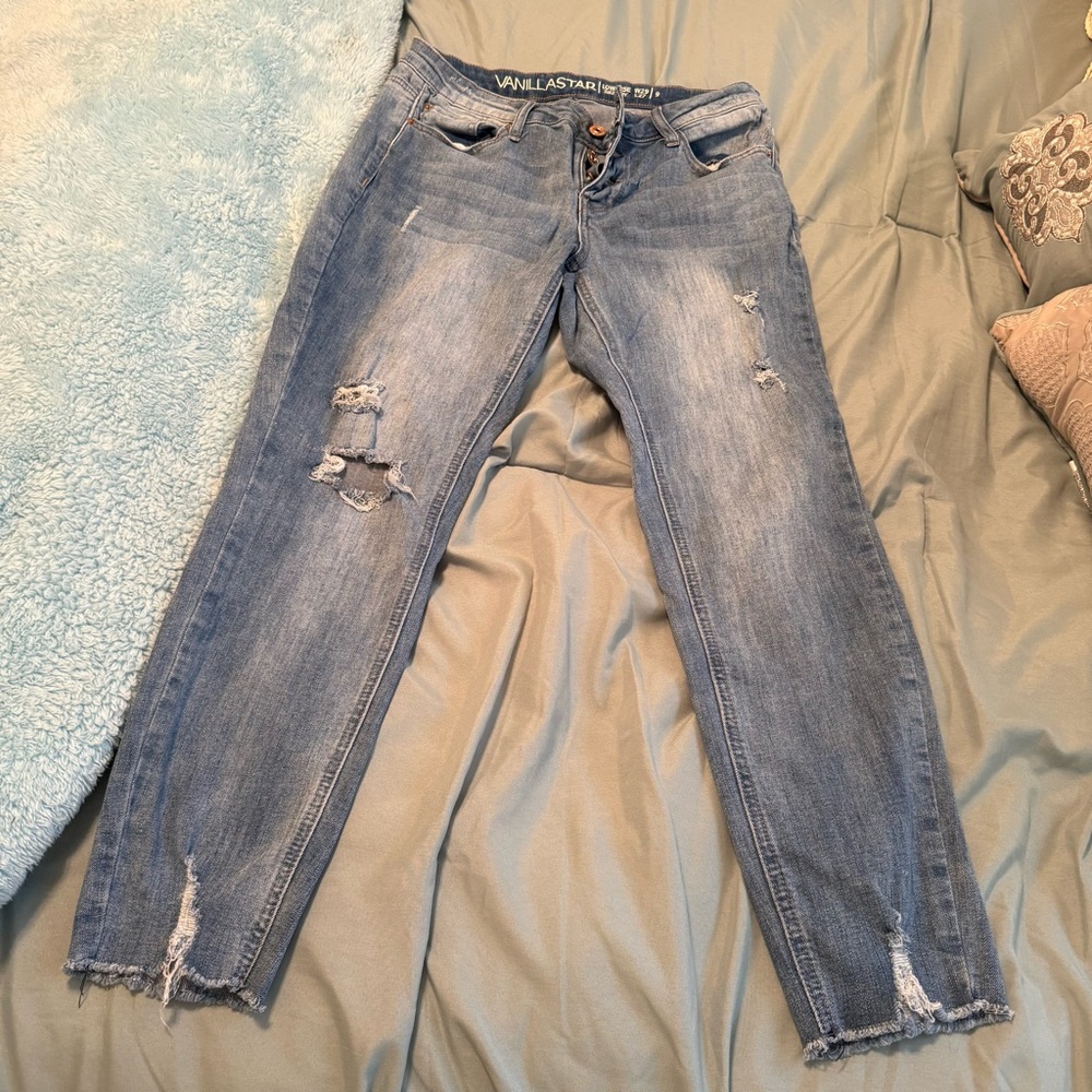 Vanilla Star Light Blue Distressed Skinny Jeans low rise y2k